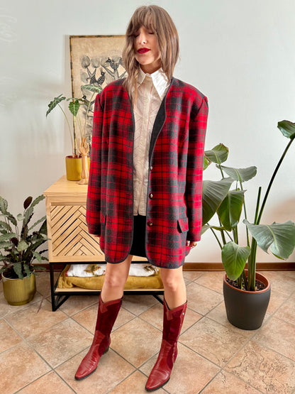 1970's vintage oversize wool cherry red and charcoal grey plaid textured jacket