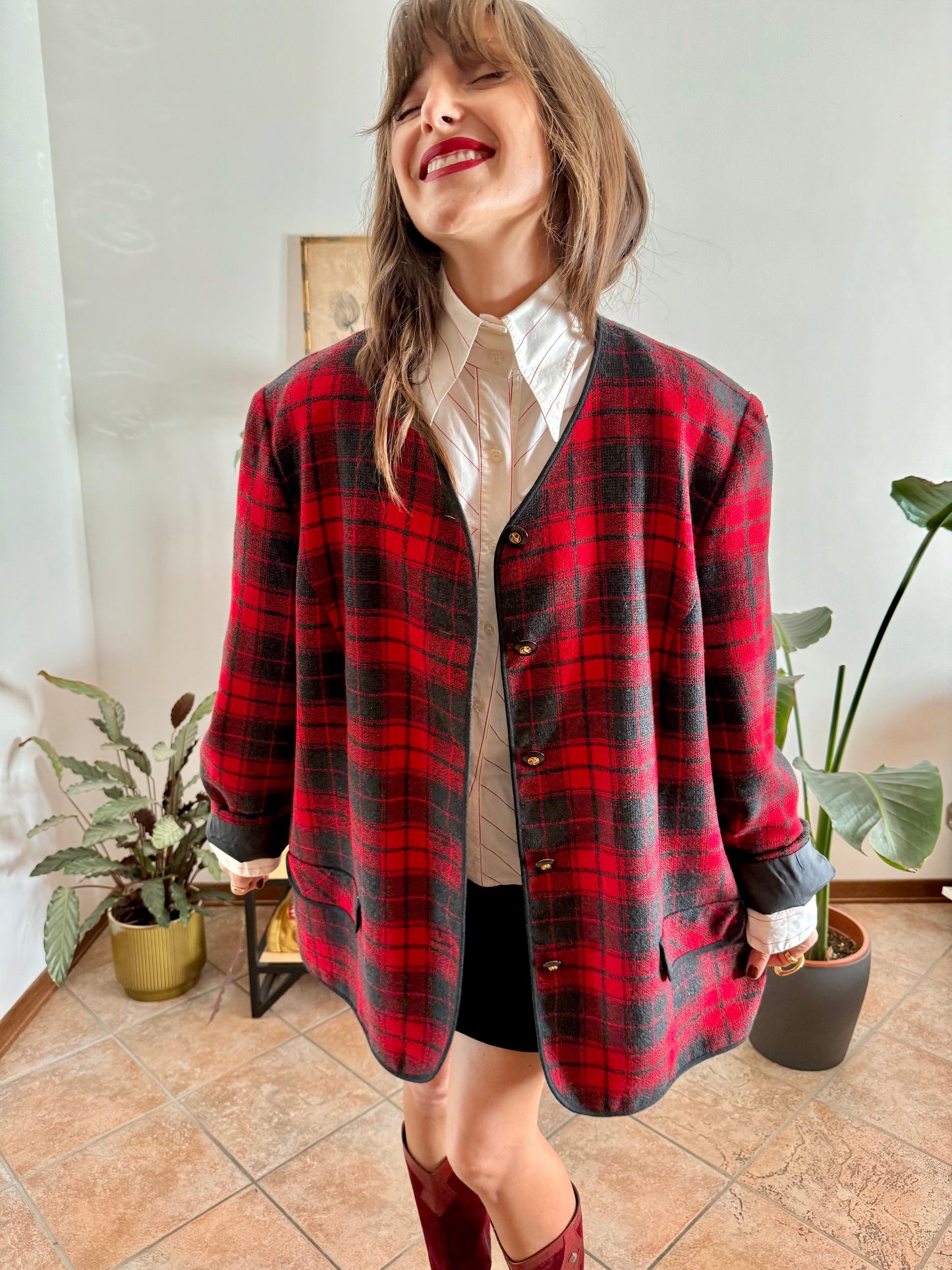 1970's vintage oversize wool cherry red and charcoal grey plaid textured jacket