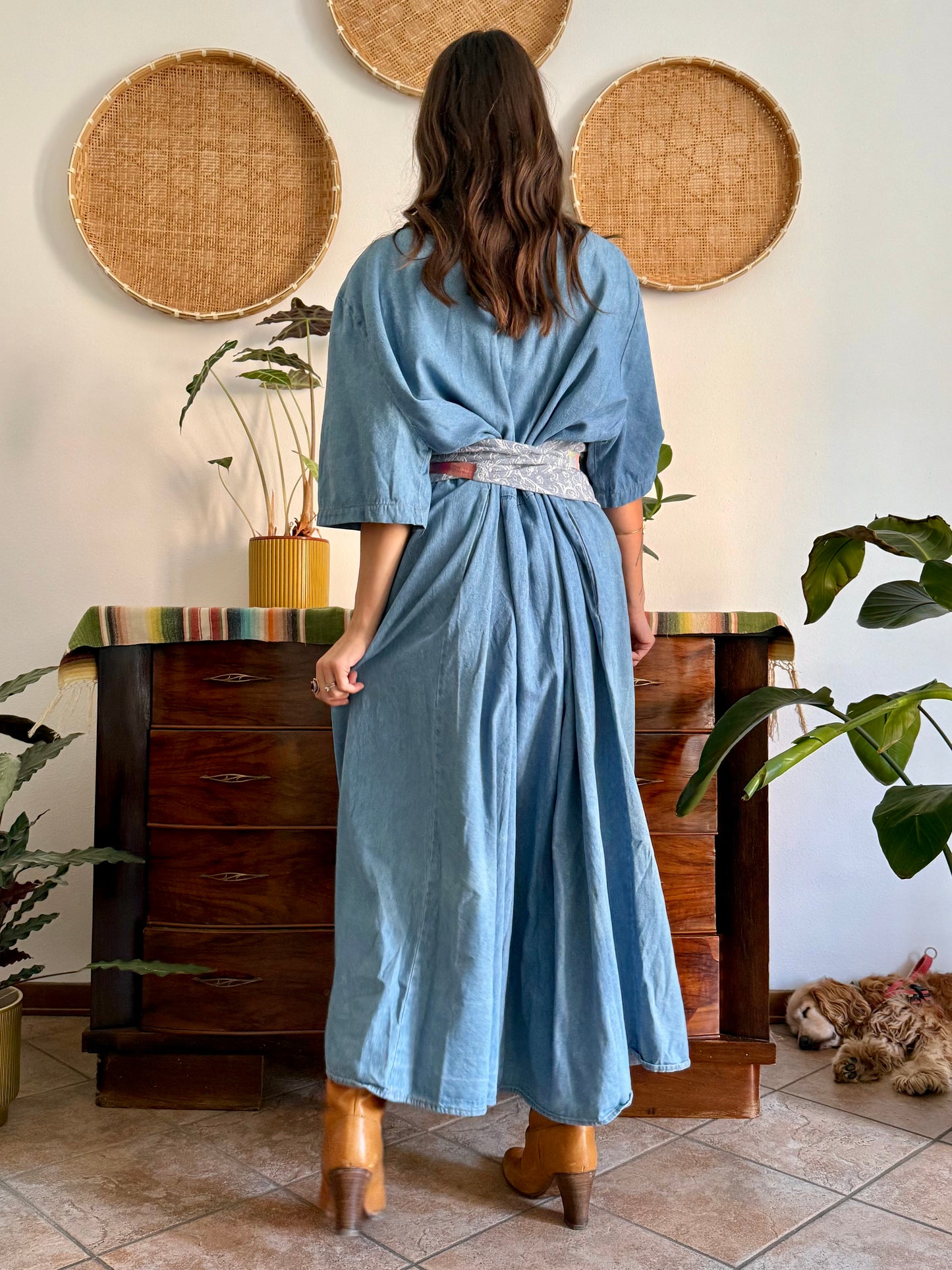 1990's vintage light wash denim maxi dress with built in patchwork floral vest