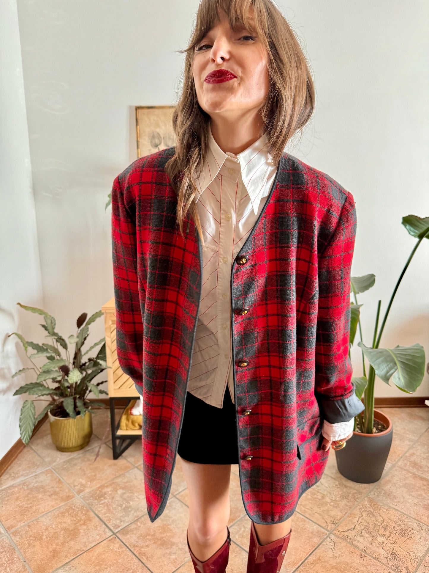1970's vintage oversize wool cherry red and charcoal grey plaid textured jacket
