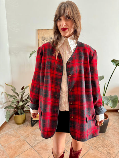 1970's vintage oversize wool cherry red and charcoal grey plaid textured jacket