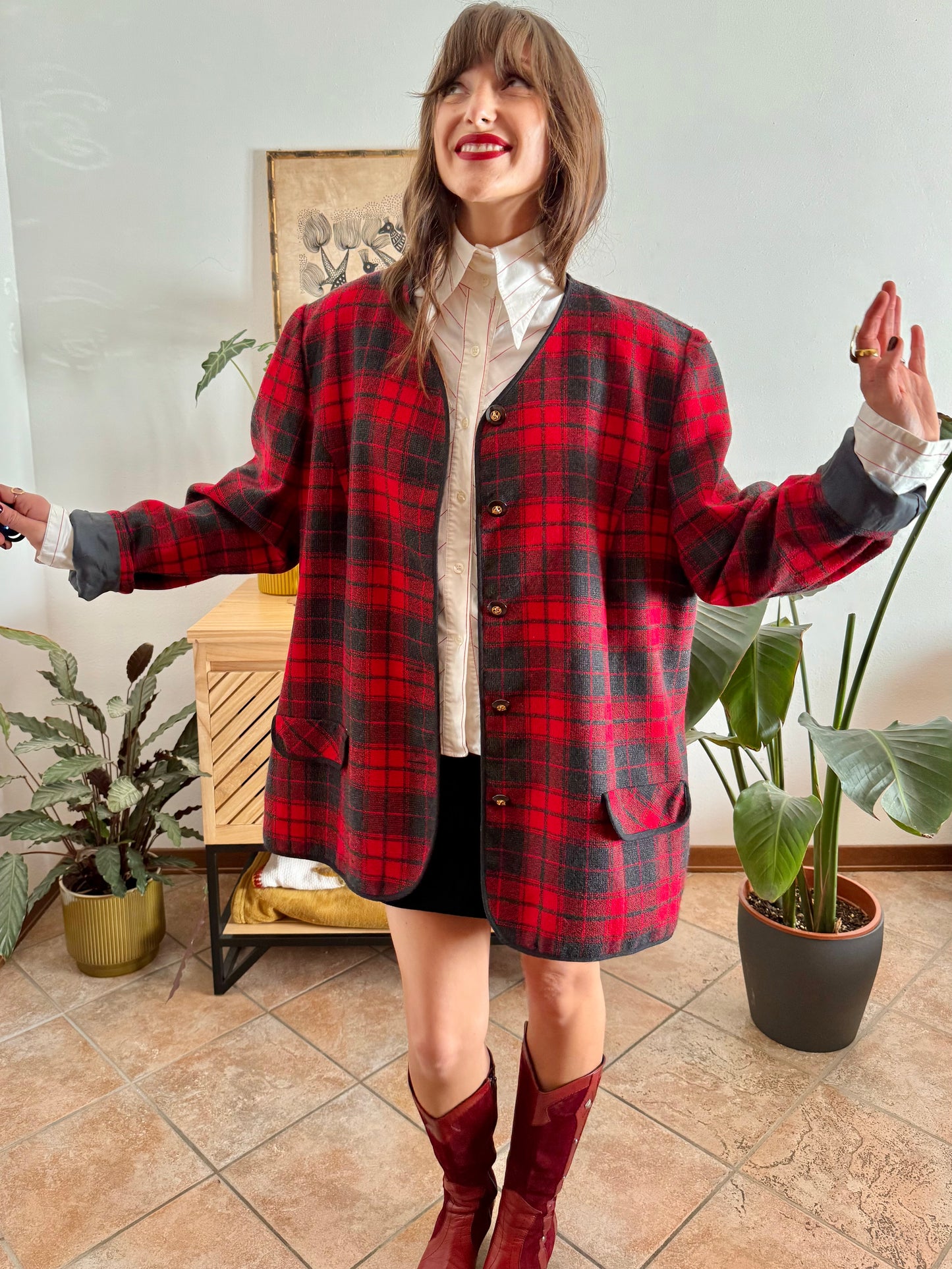 1970's vintage oversize wool cherry red and charcoal grey plaid textured jacket