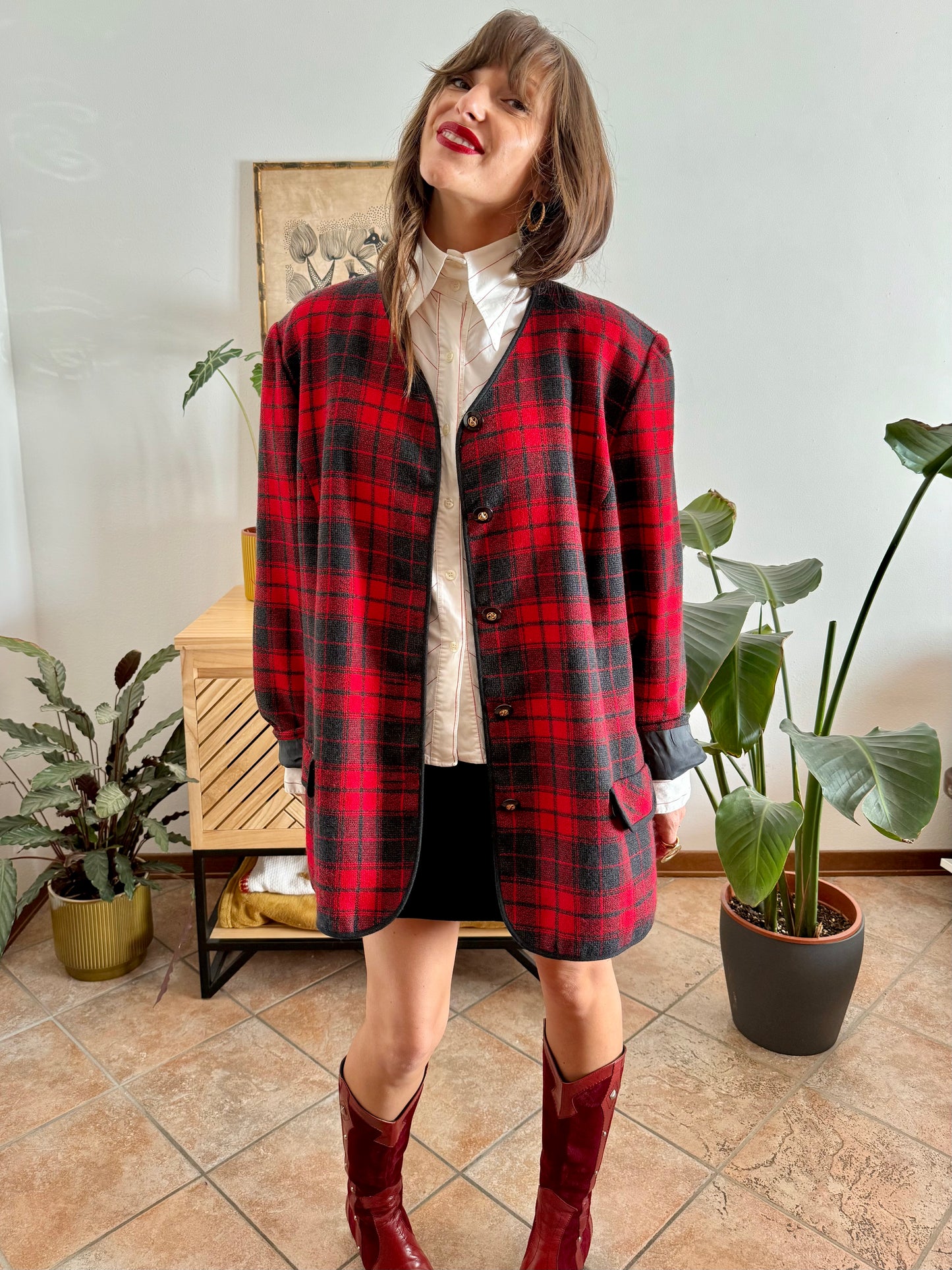 1970's vintage oversize wool cherry red and charcoal grey plaid textured jacket