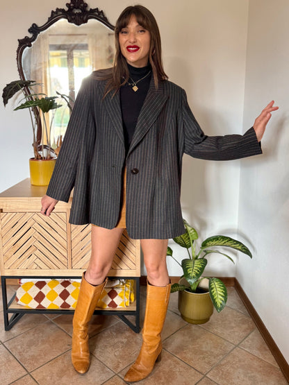 1990's vintage oversize charcoal grey wool blazer with tan pin striping