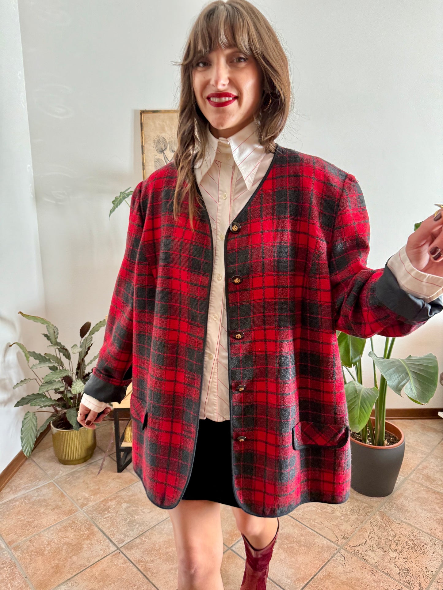 1970's vintage oversize wool cherry red and charcoal grey plaid textured jacket