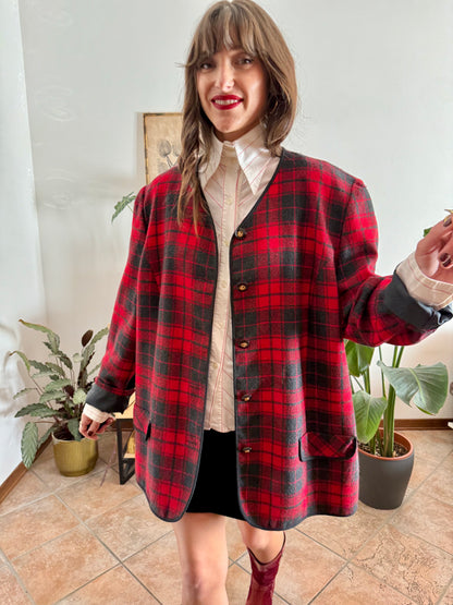 1970's vintage oversize wool cherry red and charcoal grey plaid textured jacket