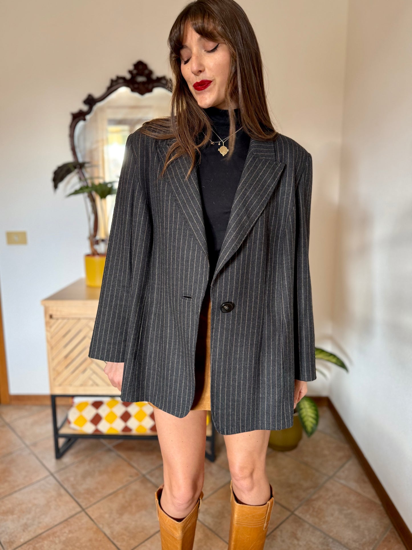 1990's vintage oversize charcoal grey wool blazer with tan pin striping