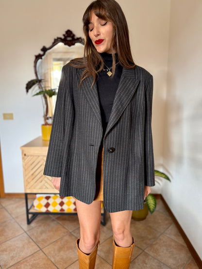 1990's vintage oversize charcoal grey wool blazer with tan pin striping