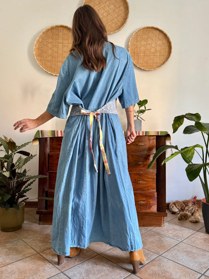 1990's vintage light wash denim maxi dress with built in patchwork floral vest