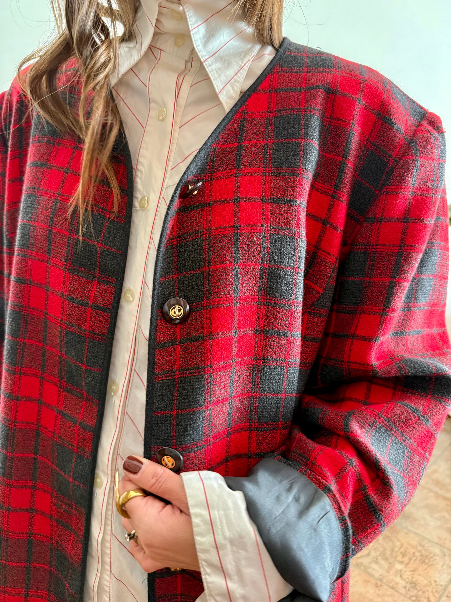 1970's vintage oversize wool cherry red and charcoal grey plaid textured jacket
