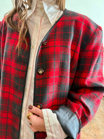 1970's vintage oversize wool cherry red and charcoal grey plaid textured jacket