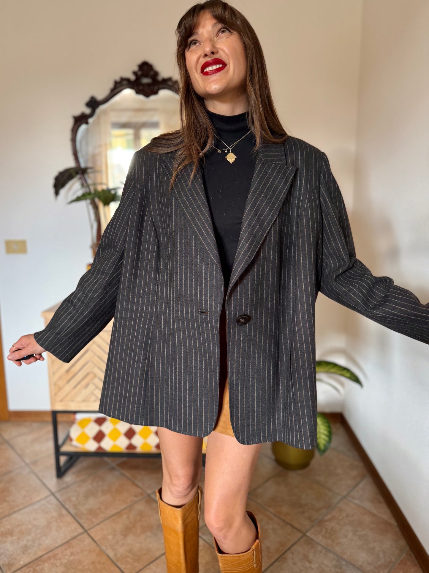 1990's vintage oversize charcoal grey wool blazer with tan pin striping