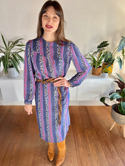 1970's vintage blue, red and yellow geometric print midi dress