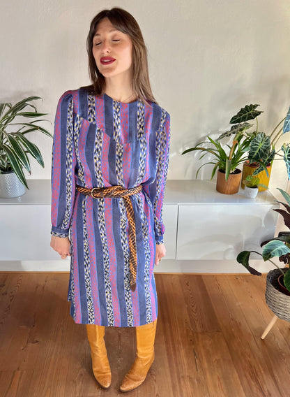 1970's vintage blue, red and yellow geometric print midi dress