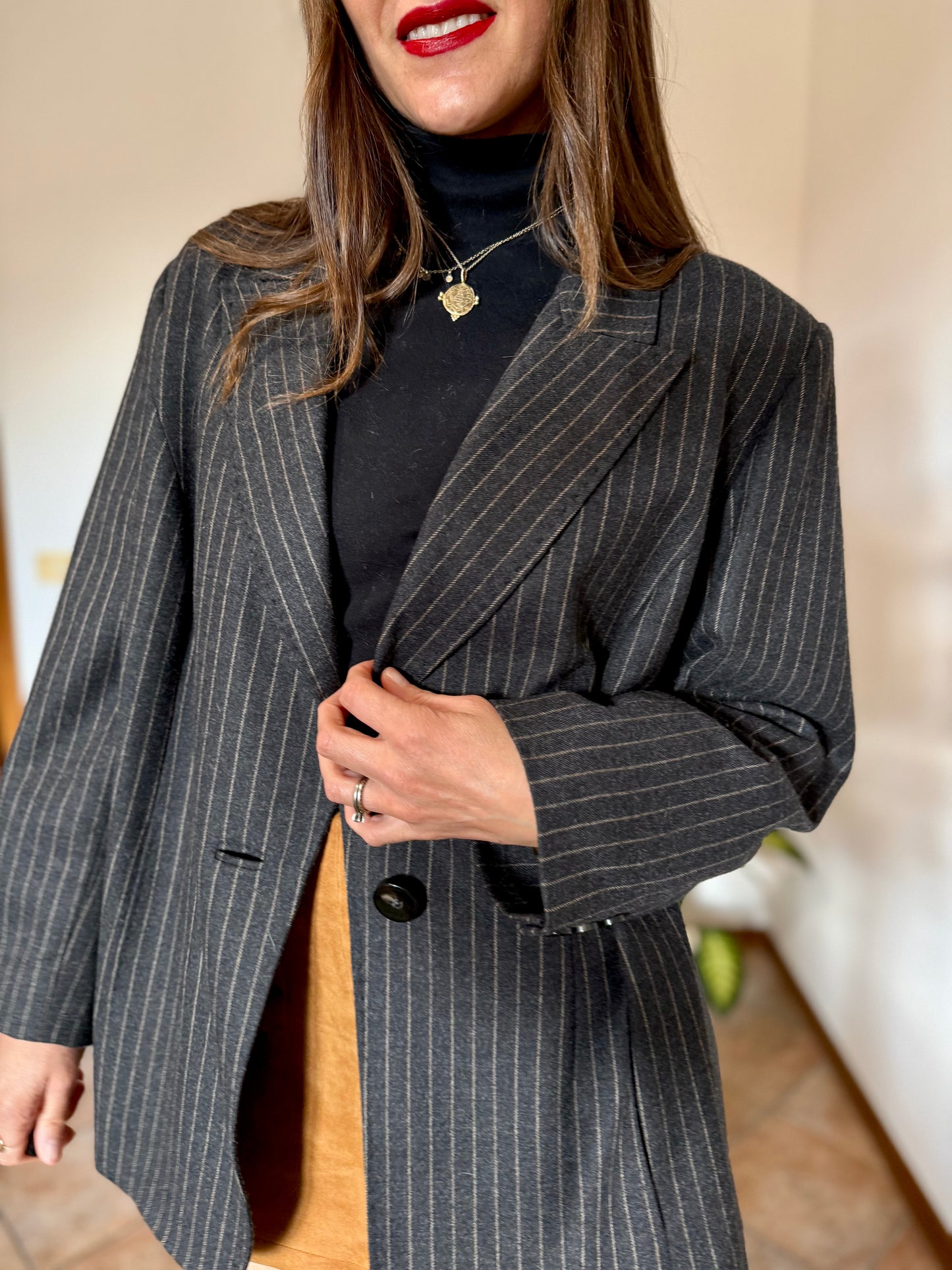 1990's vintage oversize charcoal grey wool blazer with tan pin striping