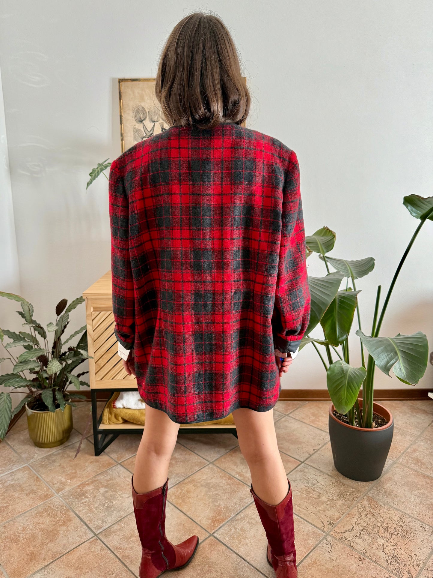 1970's vintage oversize wool cherry red and charcoal grey plaid textured jacket