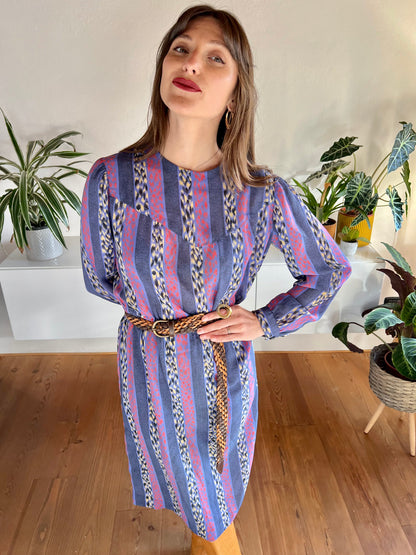 1970's vintage blue, red and yellow geometric print midi dress