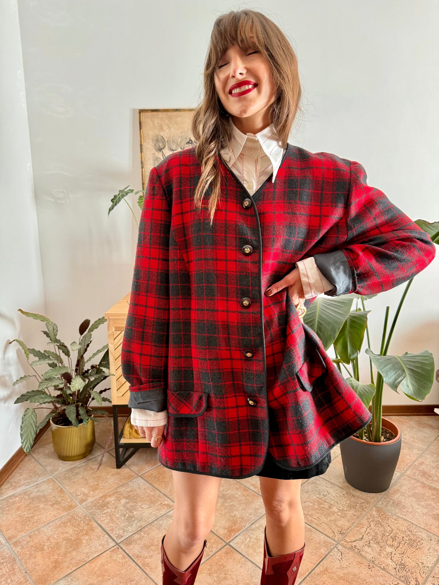 1970's vintage oversize wool cherry red and charcoal grey plaid textured jacket