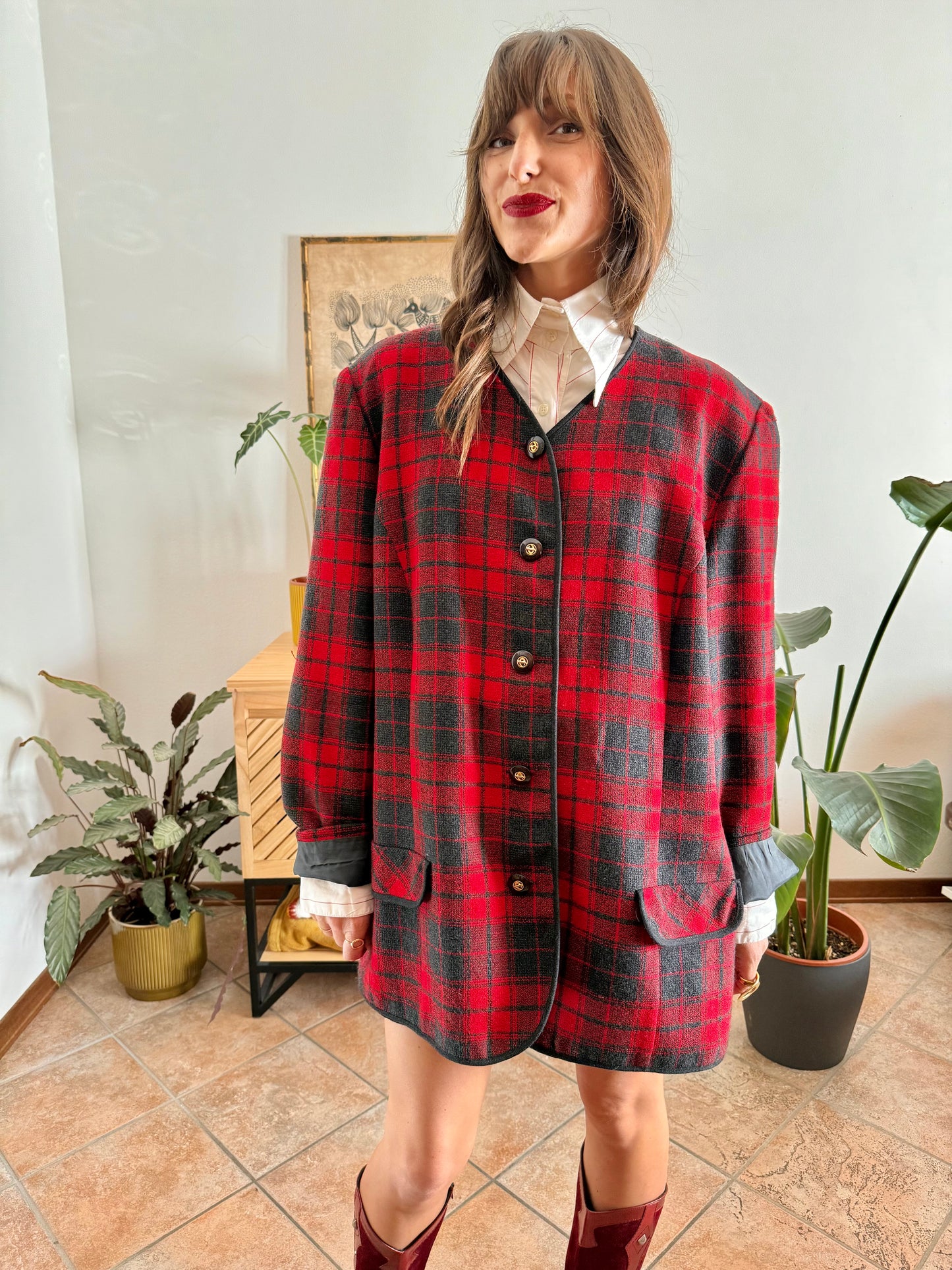 1970's vintage oversize wool cherry red and charcoal grey plaid textured jacket