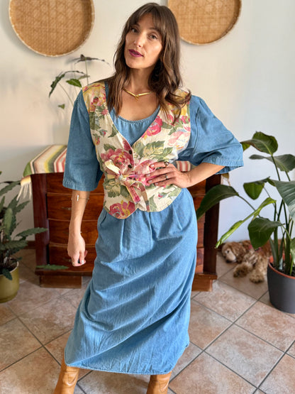 1990's vintage light wash denim maxi dress with built in patchwork floral vest