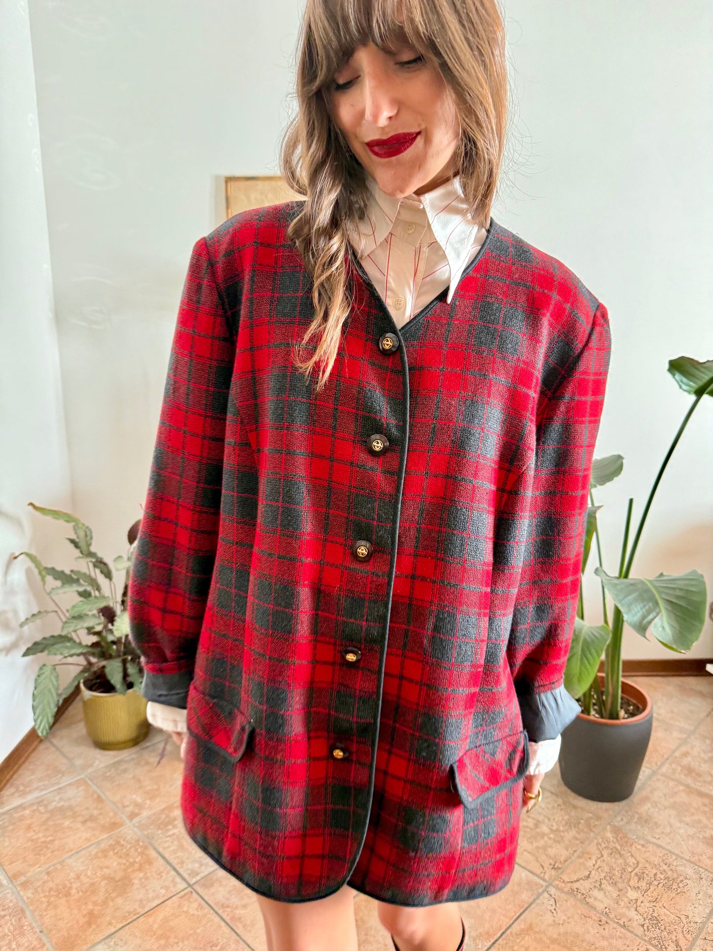 1970's vintage oversize wool cherry red and charcoal grey plaid textured jacket
