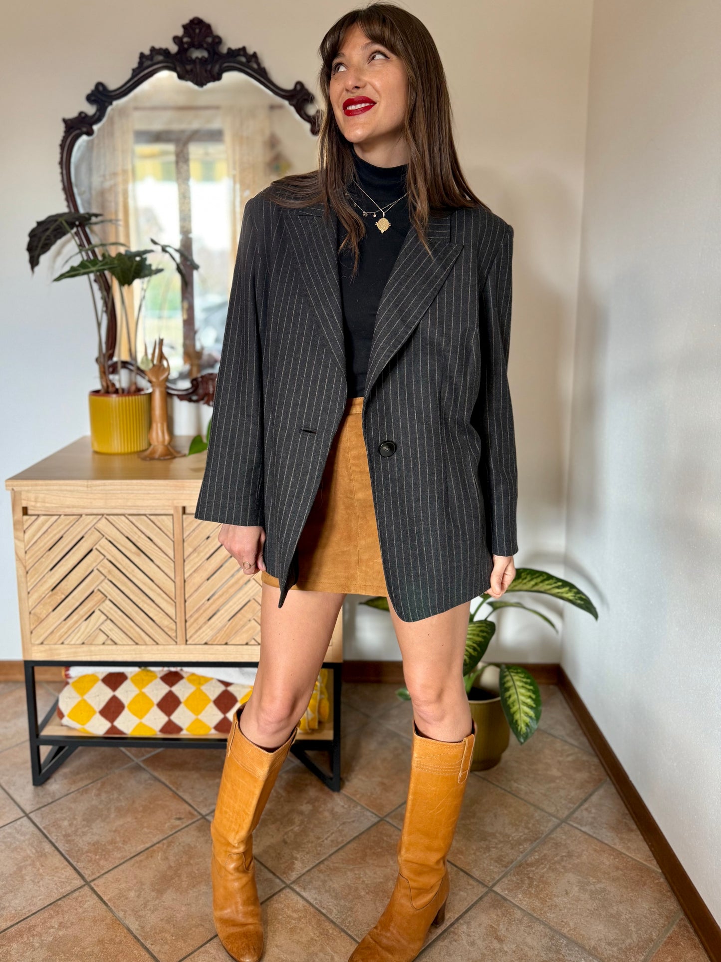1990's vintage oversize charcoal grey wool blazer with tan pin striping
