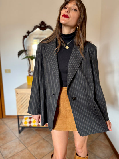 1990's vintage oversize charcoal grey wool blazer with tan pin striping