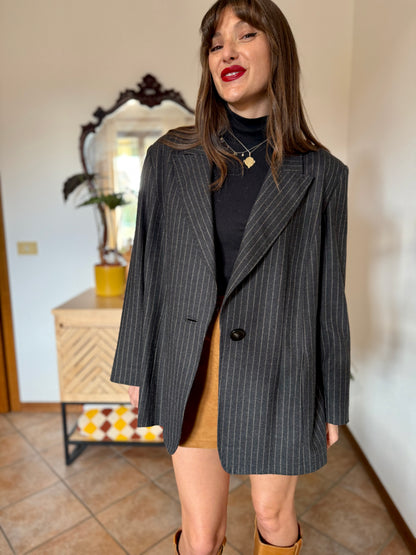 1990's vintage oversize charcoal grey wool blazer with tan pin striping