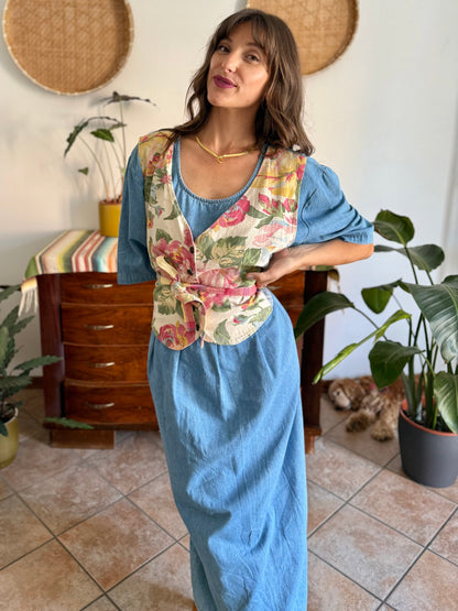 1990's vintage light wash denim maxi dress with built in patchwork floral vest