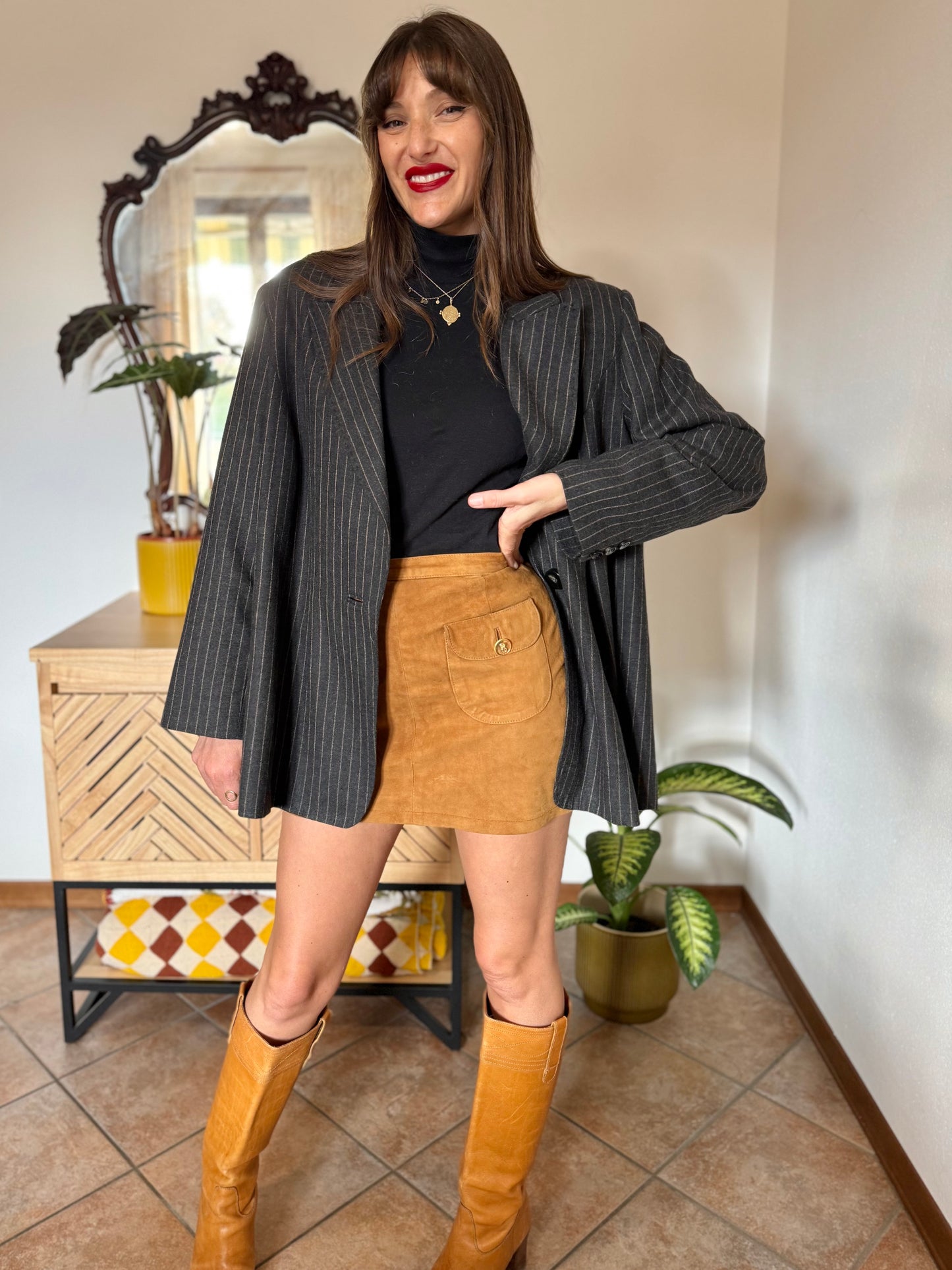 1990's vintage oversize charcoal grey wool blazer with tan pin striping