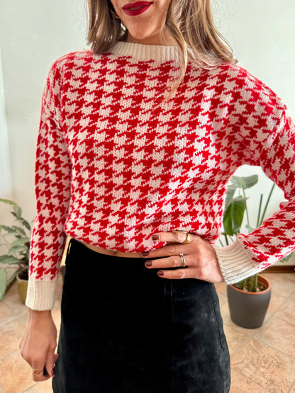 1990's vintage red and cream houndstooth pattern knit pullover