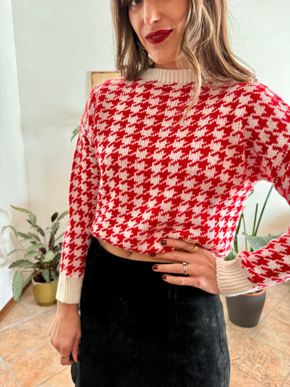 1990's vintage red and cream houndstooth pattern knit pullover