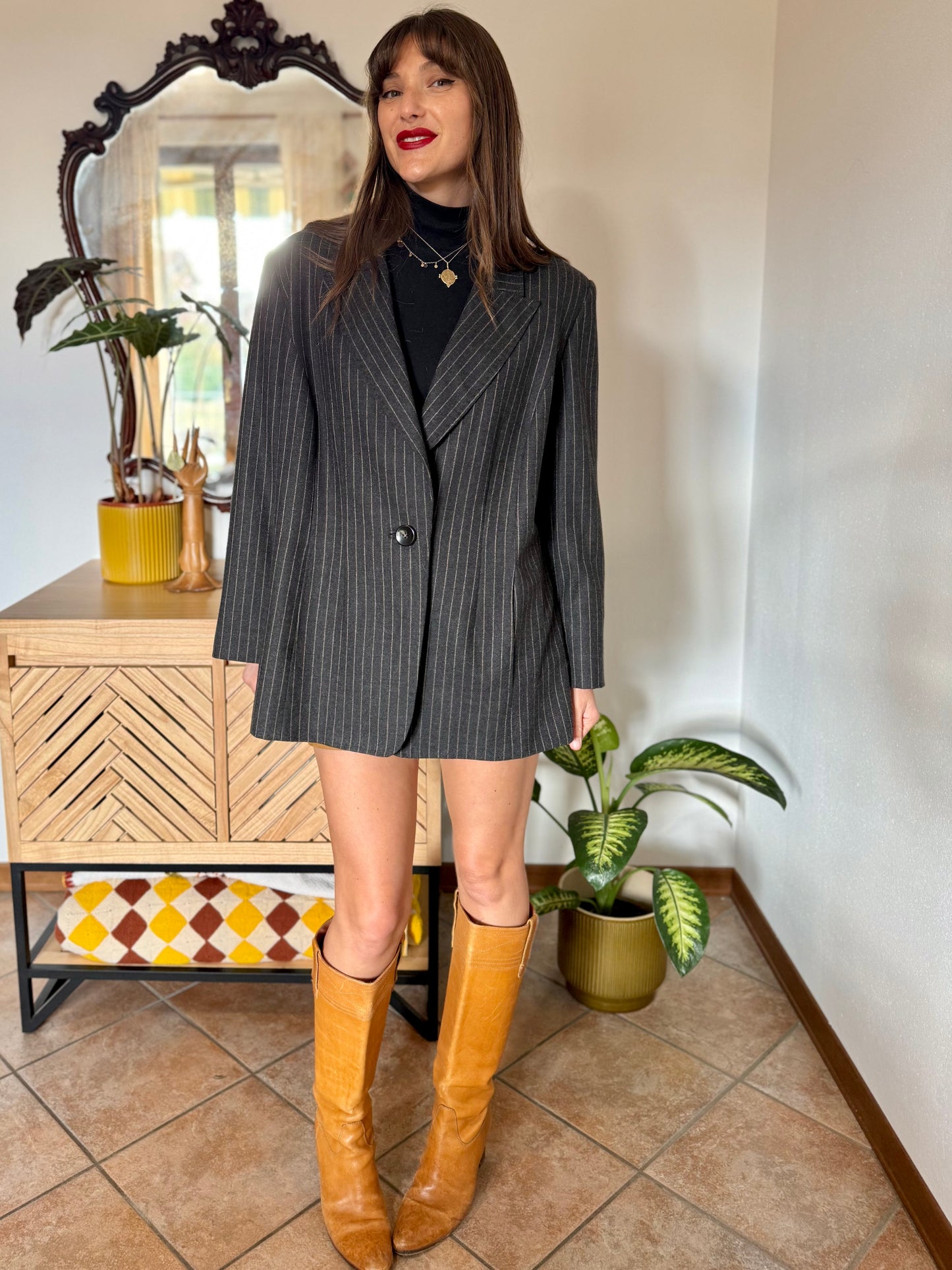 1990's vintage oversize charcoal grey wool blazer with tan pin striping