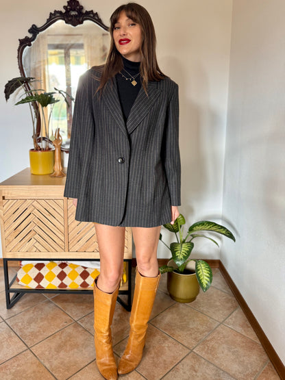 1990's vintage oversize charcoal grey wool blazer with tan pin striping
