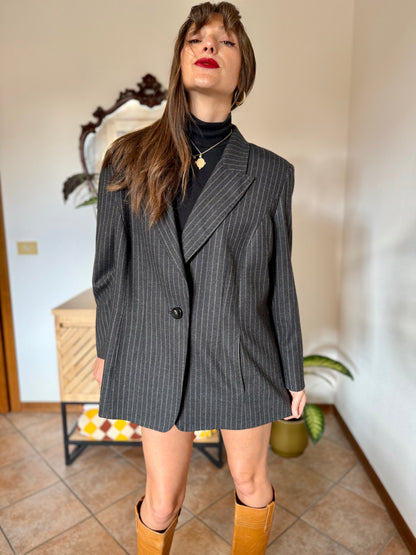1990's vintage oversize charcoal grey wool blazer with tan pin striping