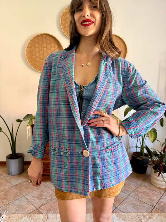 1980’s vintage turquoise, coral and blue seersucker plaid oversize blazer