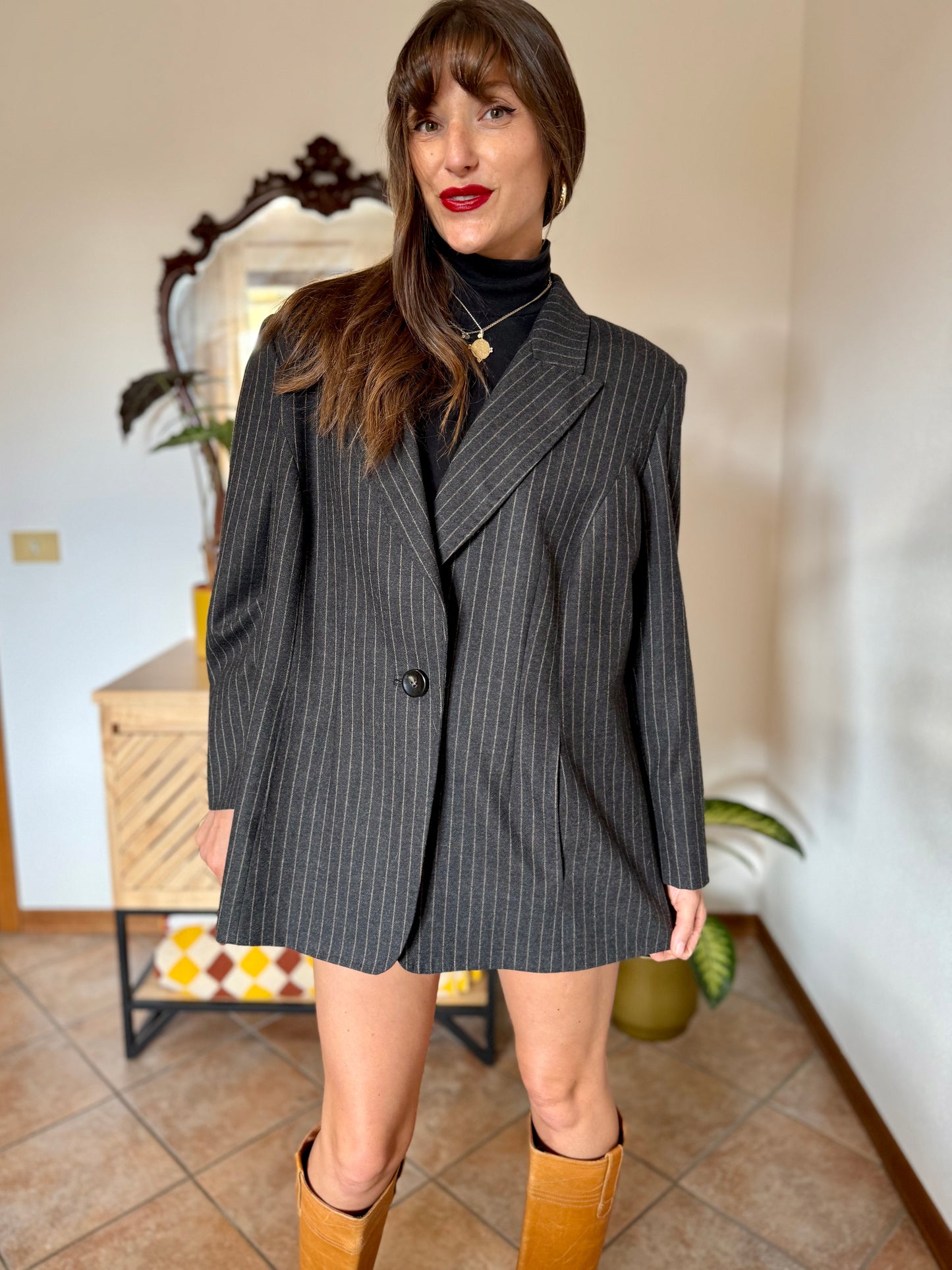 1990's vintage oversize charcoal grey wool blazer with tan pin striping