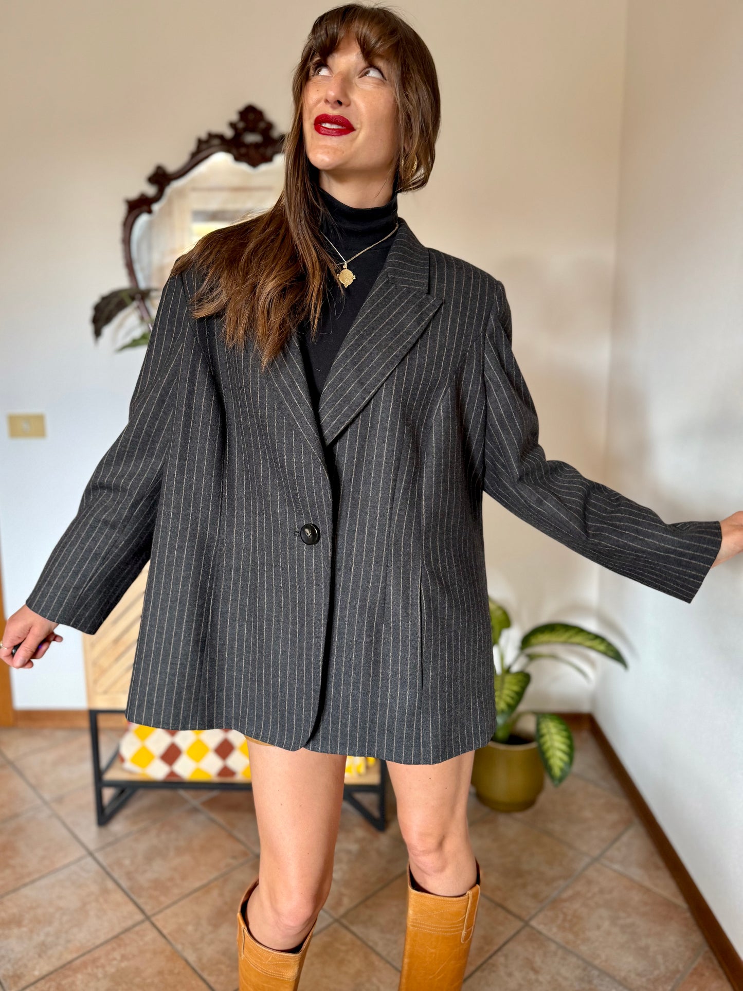 1990's vintage oversize charcoal grey wool blazer with tan pin striping