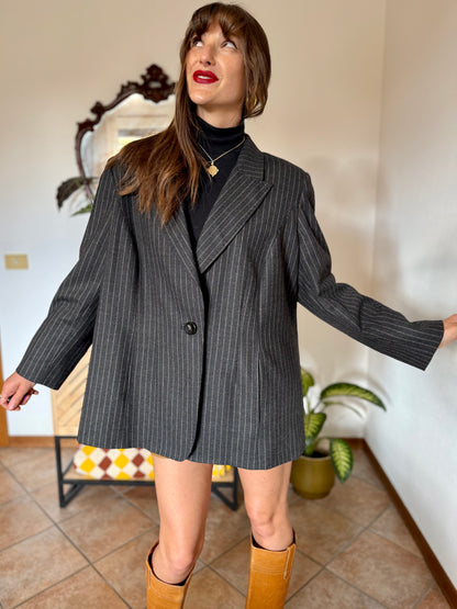 1990's vintage oversize charcoal grey wool blazer with tan pin striping