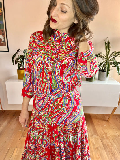 Y2k vintage red with multicolor paisley print maxi skirt and shirt set