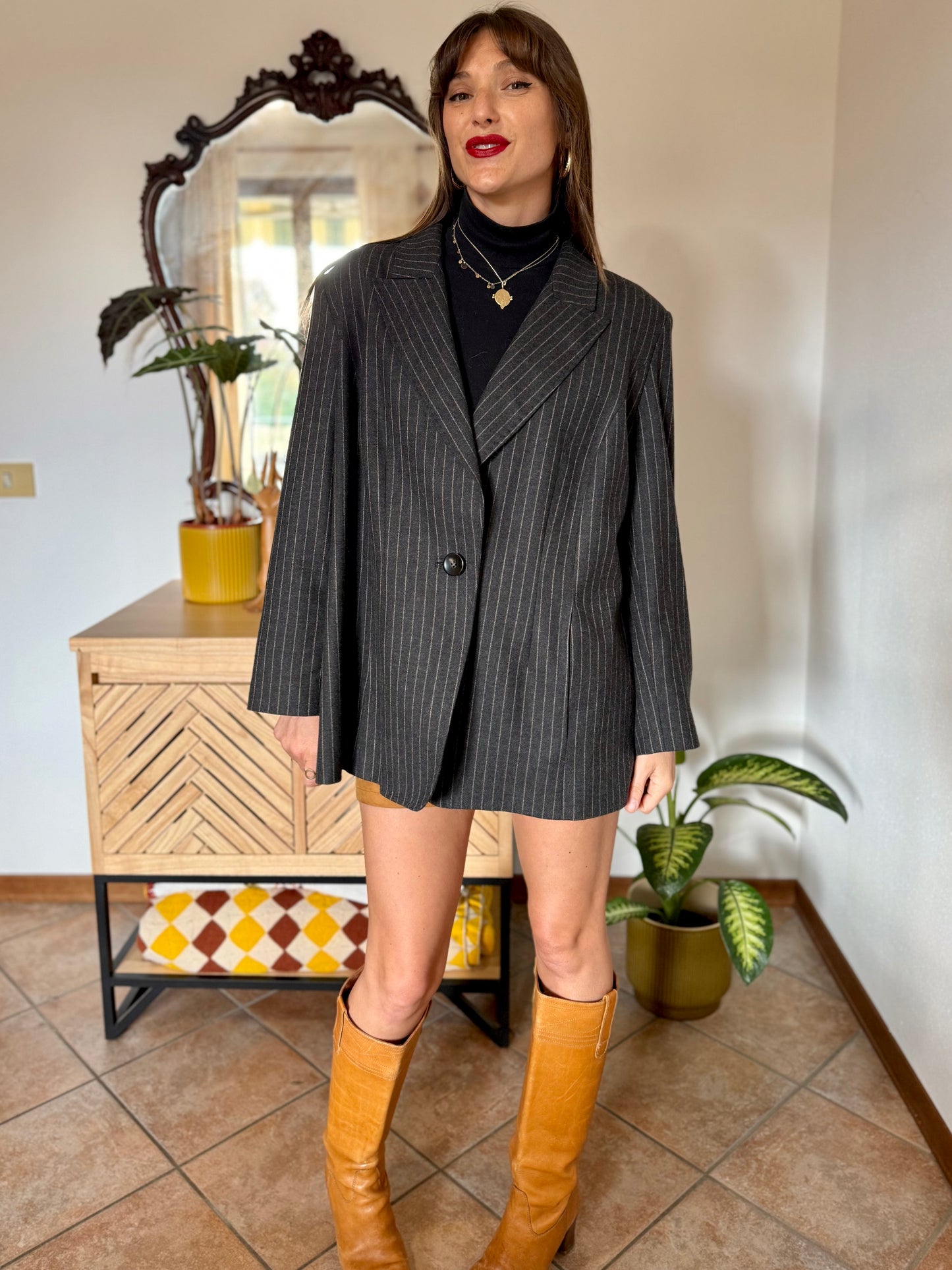 1990's vintage oversize charcoal grey wool blazer with tan pin striping