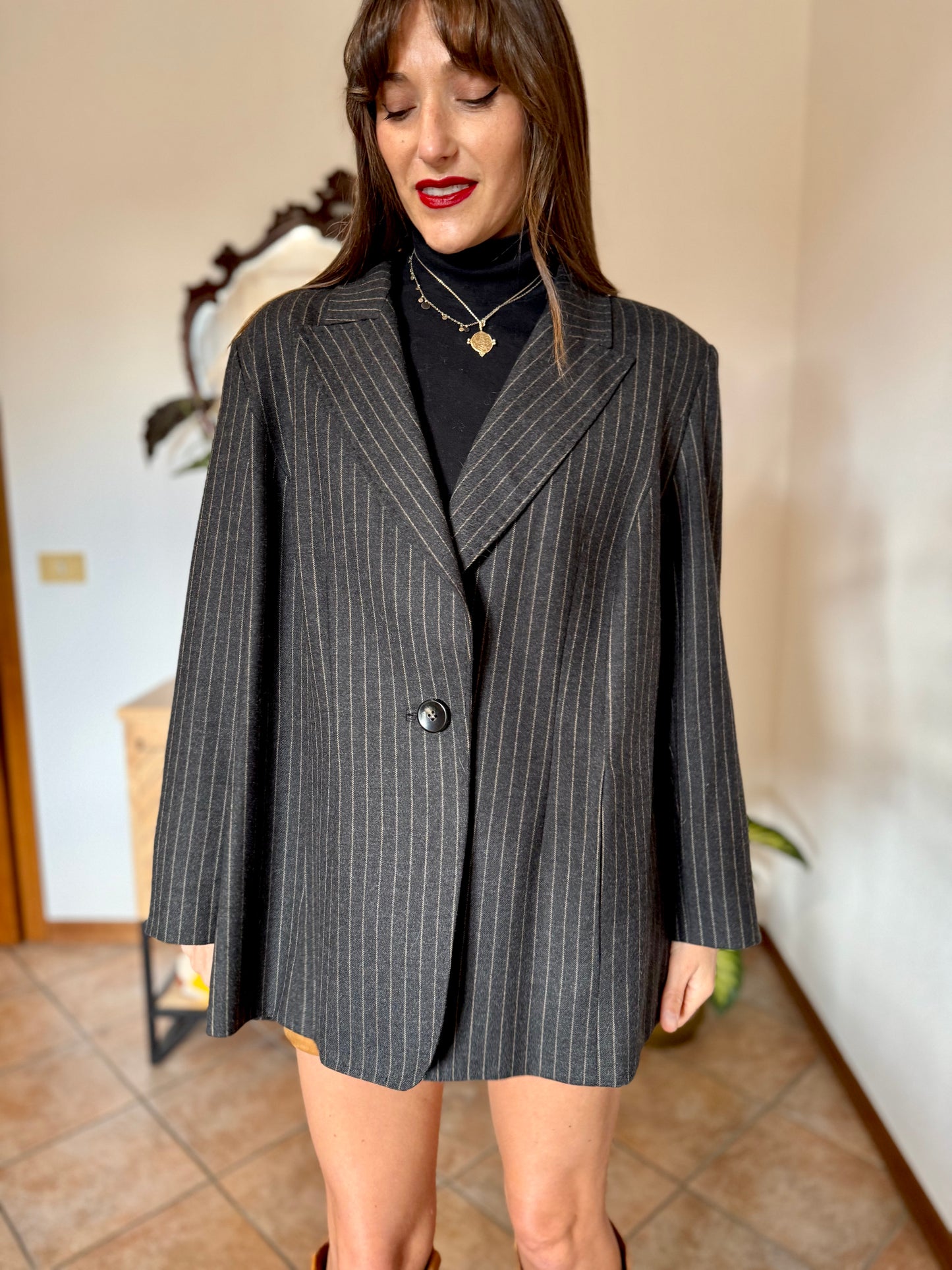 1990's vintage oversize charcoal grey wool blazer with tan pin striping
