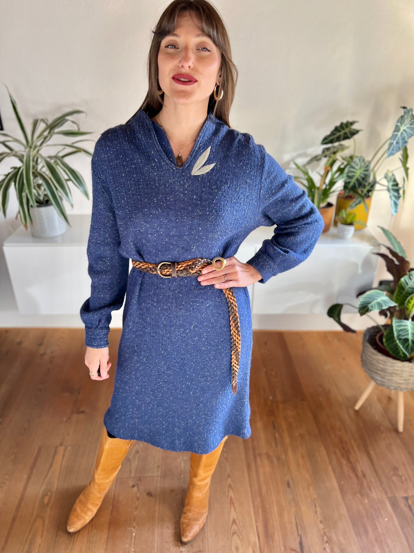 1970's vintage blue wool knit midi dress with grey leaf detail