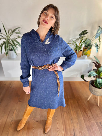 1970's vintage blue wool knit midi dress with grey leaf detail