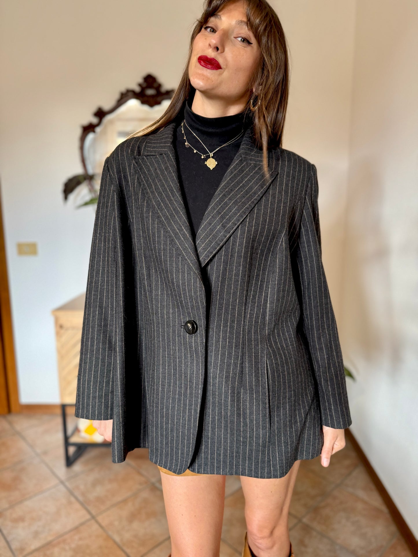 1990's vintage oversize charcoal grey wool blazer with tan pin striping