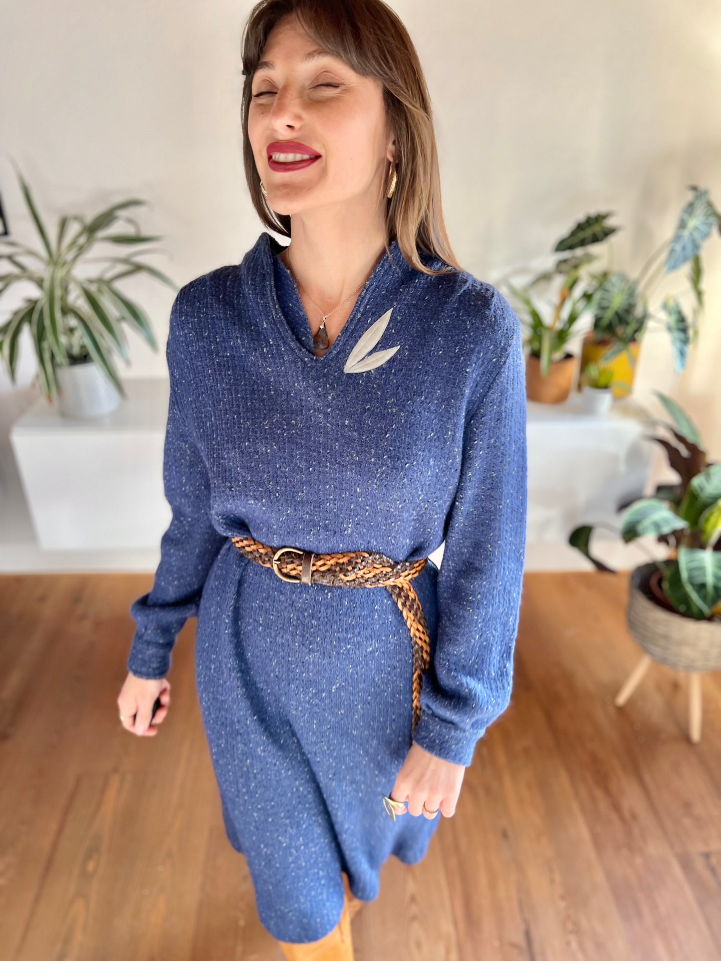 1970's vintage blue wool knit midi dress with grey leaf detail