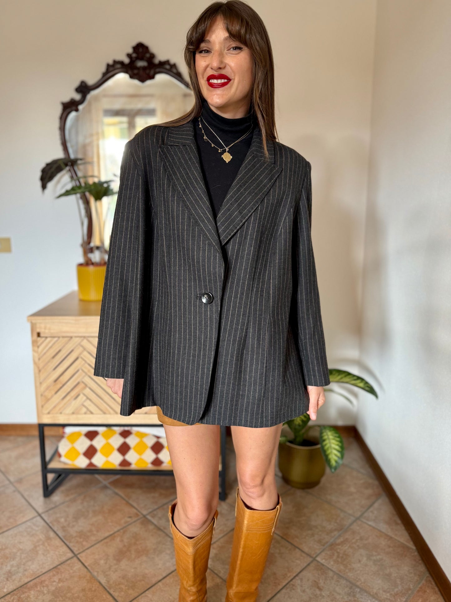 1990's vintage oversize charcoal grey wool blazer with tan pin striping