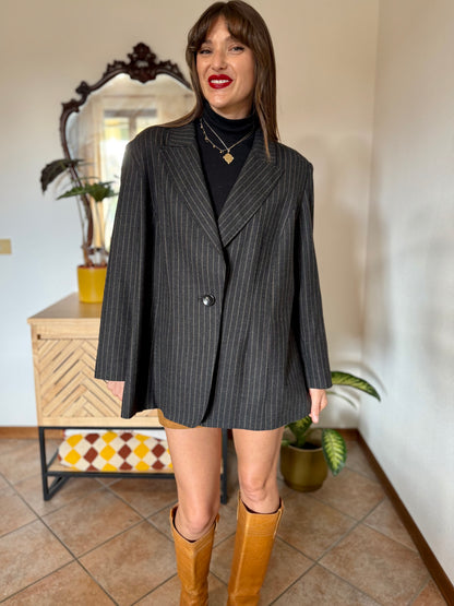 1990's vintage oversize charcoal grey wool blazer with tan pin striping