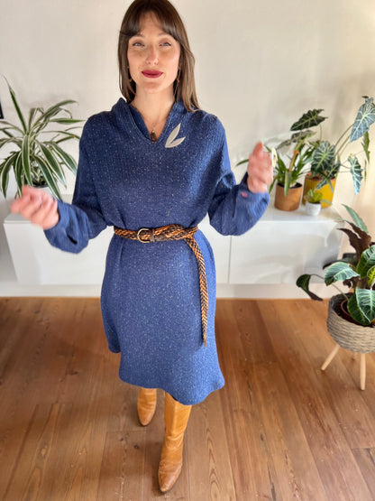 1970's vintage blue wool knit midi dress with grey leaf detail