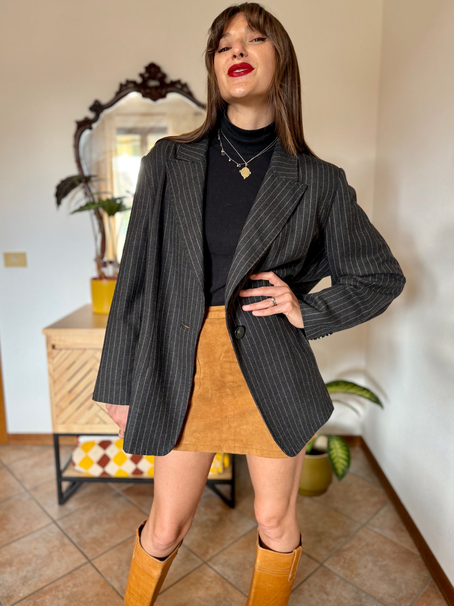 1990's vintage oversize charcoal grey wool blazer with tan pin striping